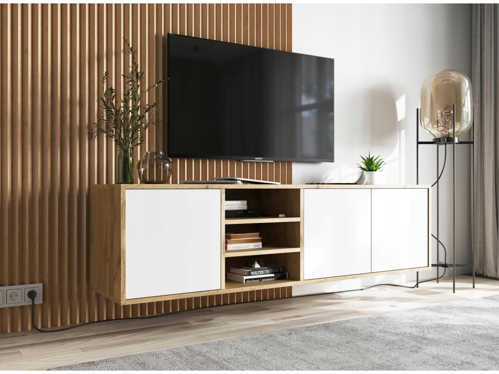 Meuble TV avec 3 portes et 1 niches - carcasse chêne Ventoriq façades blanc mat - 150 cm PCUF58856