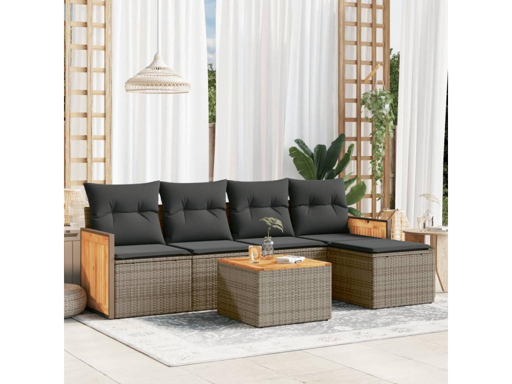 Salon de jardin 6 pcs avec coussins gris résine tressée ZWDW82632