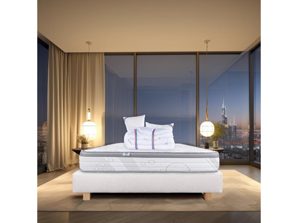 Ensemble Matelas Relaxation 26 cm ressorts ensachés ferme face été/hiver sommier beige ep20cm oreiller couette 140x190cm EQHB57094
