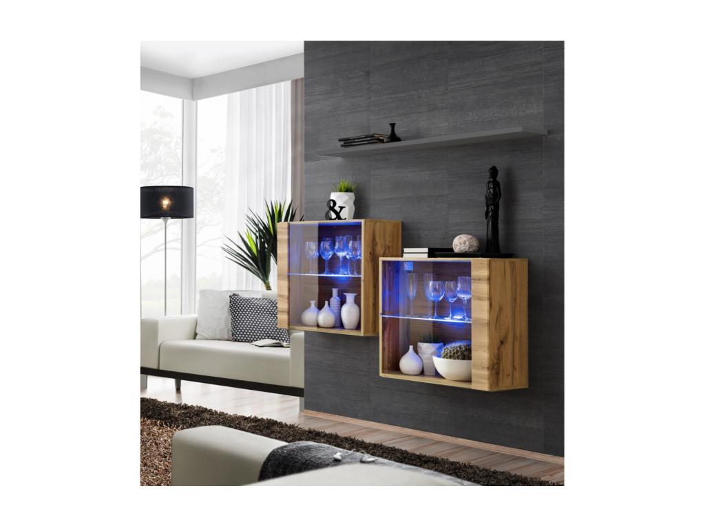 Ensemble meubles de salon Lumenao coloris chêne Lumenao et porte vitrée avec système LED intégré étagère grise. BVDB69318