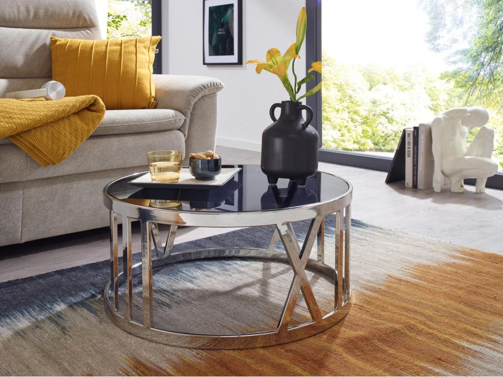 Table Basse Ronde Verre 60x60x30 cm Petite Table de Salon Moderne Métal HGNJ03466