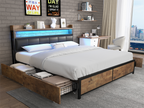 Lit adulte 180x200cm avec 4 tiroirs et LED - cadre en métal - Marron WGHG71076