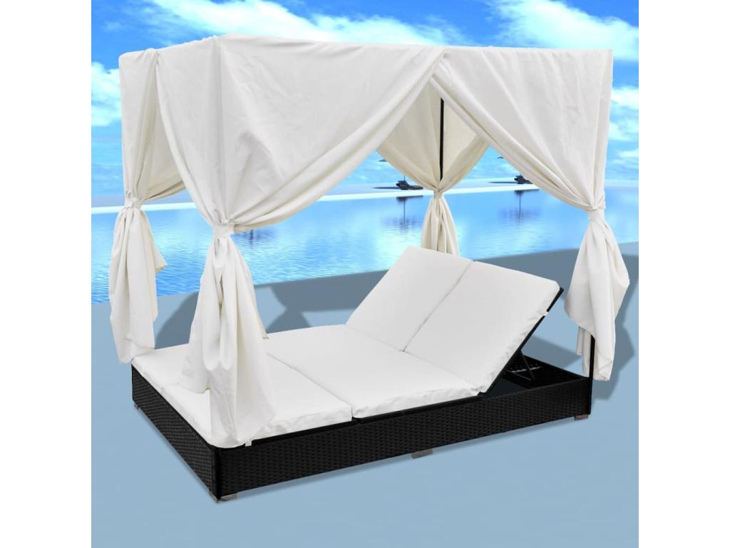 Outdoor chaise lounge with curtains, black woven resin, UZRW97036