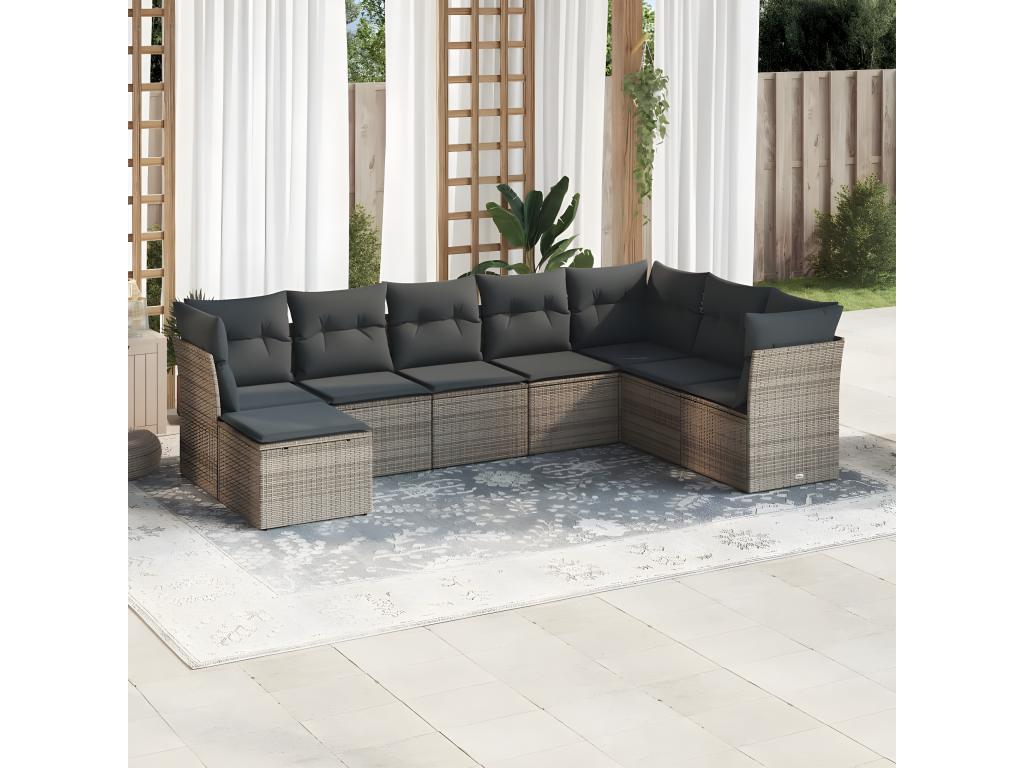 Salon de jardin 8 pcs avec coussins gris résine tressée INDN05140