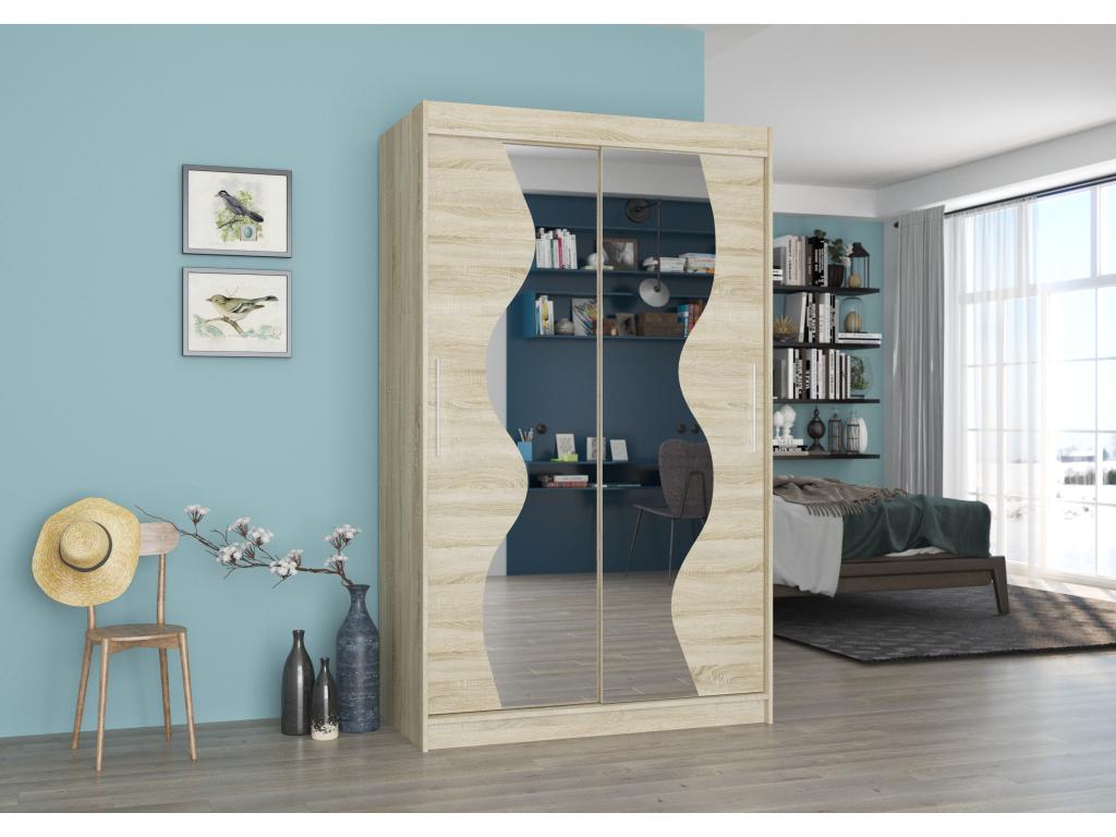Petite armoire de chambre 2 portes coulissantes bois clair et miroir Vaguz 120cm IQYB79965
