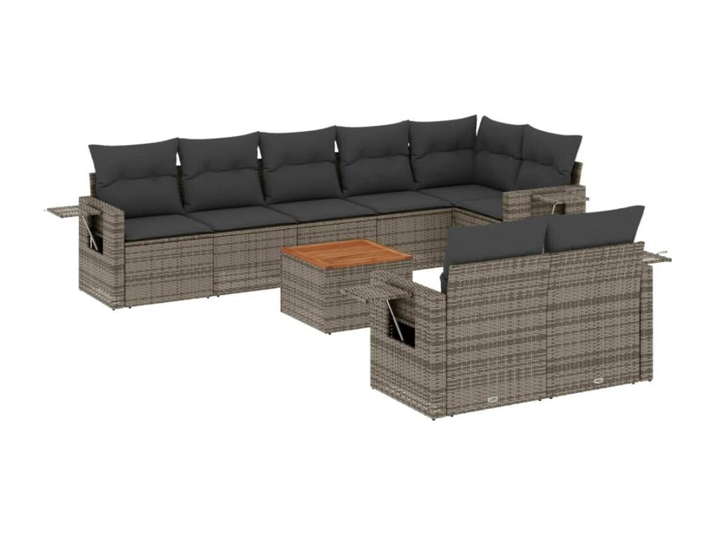 Salon de jardin 9 pcs avec coussins gris résine tressée QHSP69579