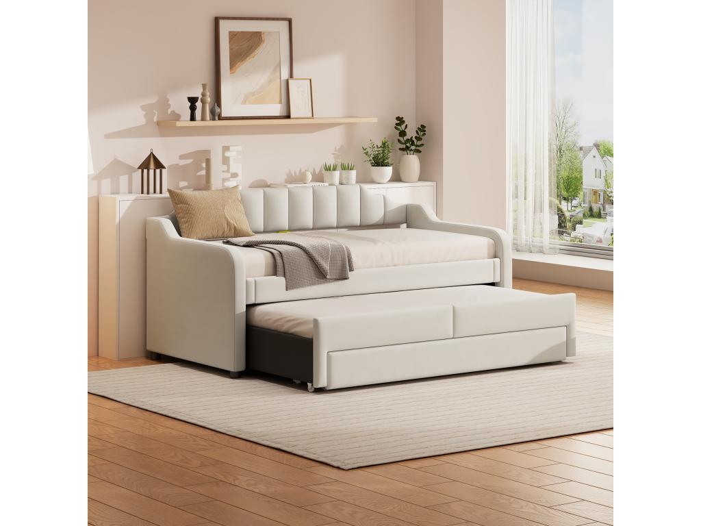 Lit banquette avec tiroirs rembourré en lin - 90x200cm 90x190cm - Beige NSOH22716