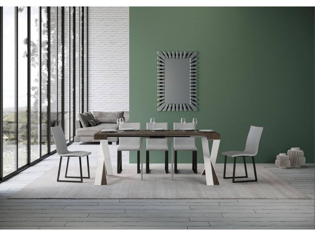 Lumenao extendable console table with a wooden design and crossed legs in wood and white steel - Brown color - Legs and support on Lumenao - 3 slim extensions XION26188