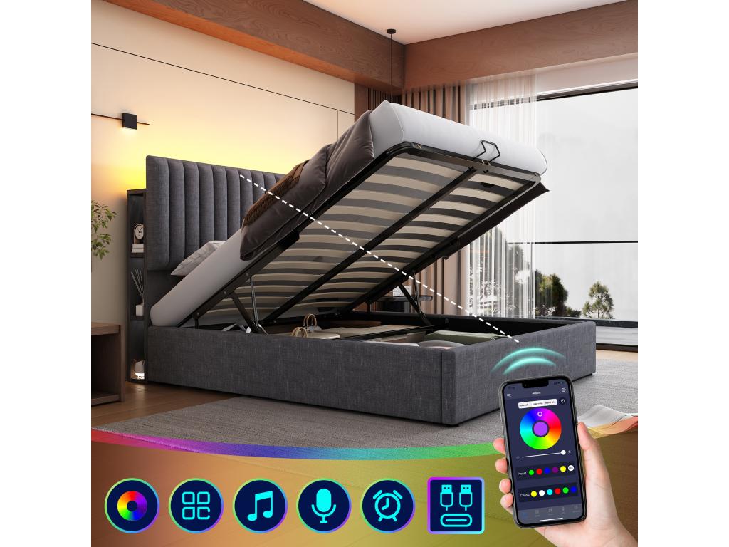 140x200cm gris lit rembourré stockage lit double LED app Control Bed avec fonction de charge USB type C tête de lit réglable sans matelas DUDL08329