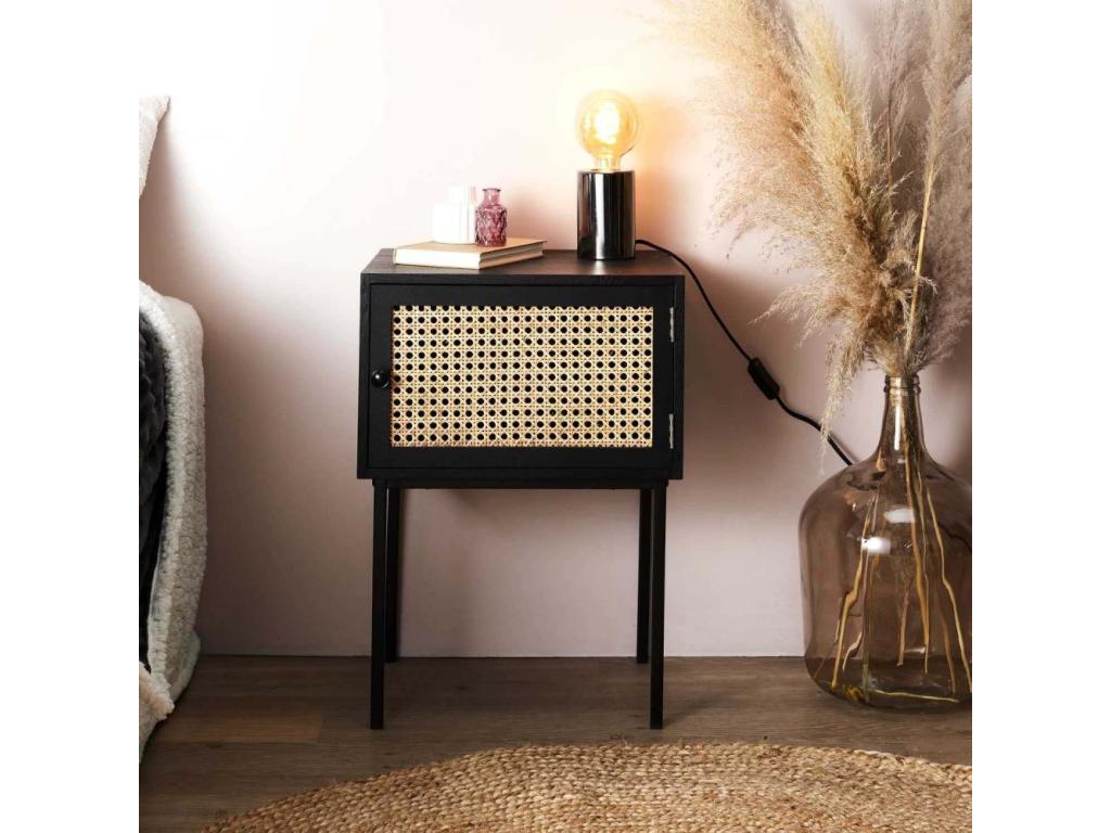 Cane Bedside Table with 1 Door, Black XTWL68540