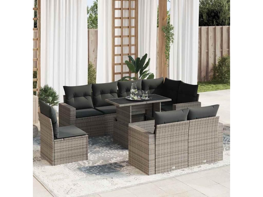 Salon de jardin 9 pièces avec coussins gris résine tressée VFZG35922