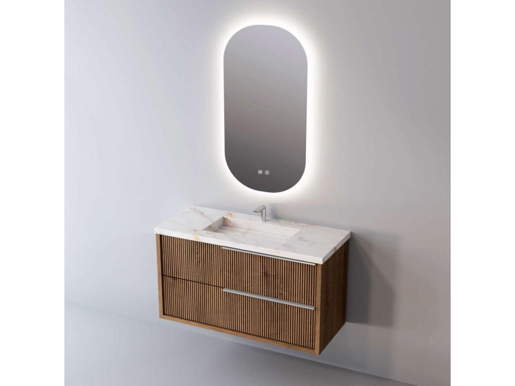 Meuble de salle de bain plan vasque Grès Cérame Blanc Storm 2 Tiroirs Chêne Foncé Poignée Inox Satiné l80xh54xp45 Effet 3D TREND NQTT16624