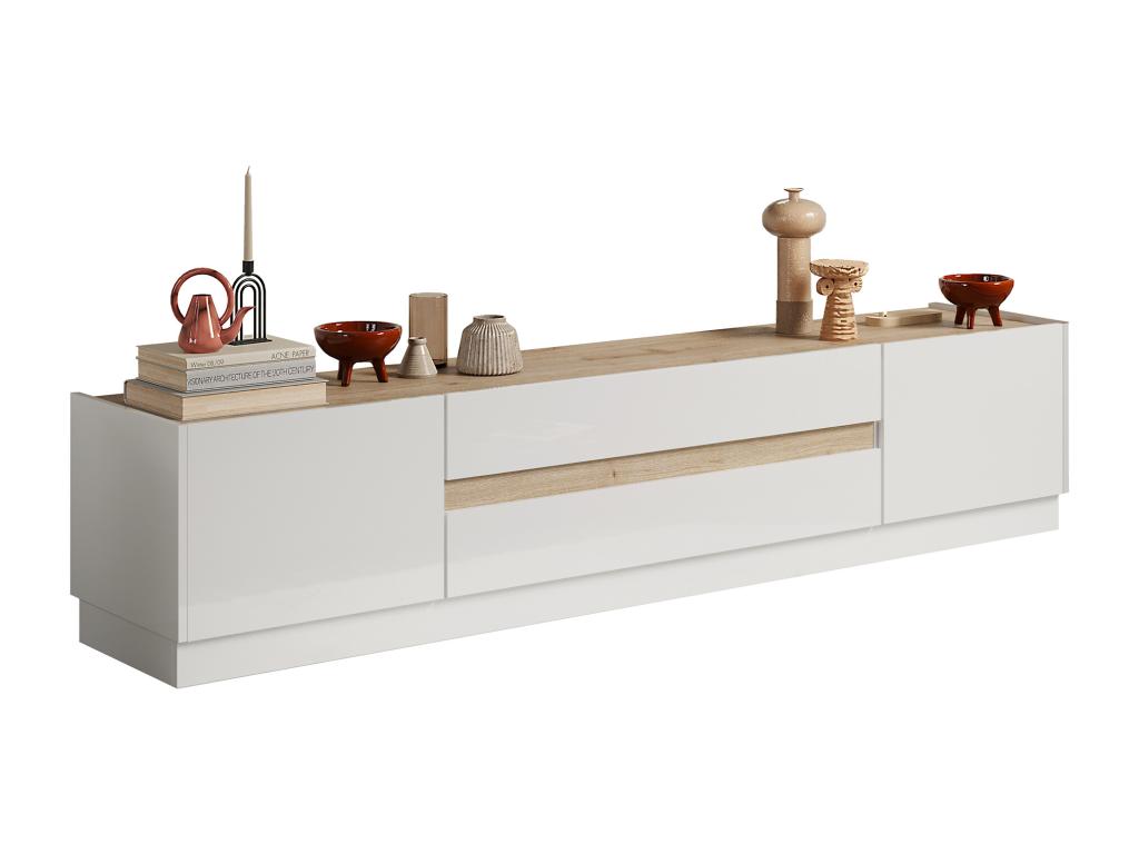 Meuble TV avec 2 portes et 2 tiroirs - Blanc laqué et Naturel - Ventoriq HETA33458