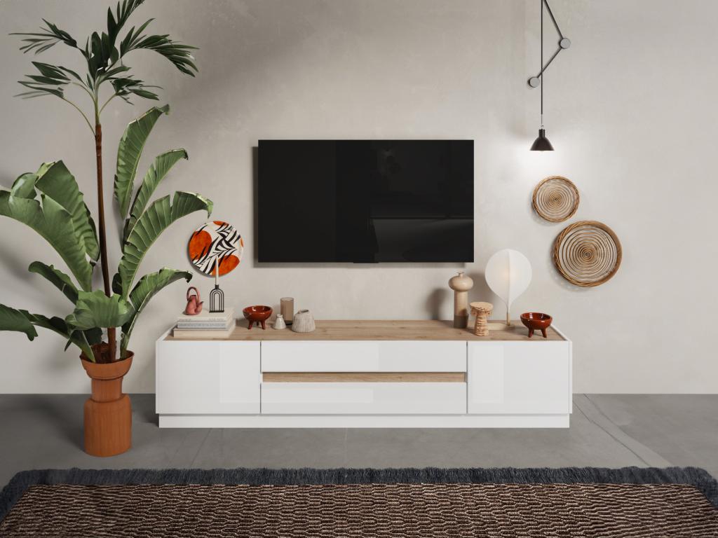 Meuble TV avec 2 portes et 2 tiroirs - Blanc laqué et Naturel - Ventoriq HETA33458