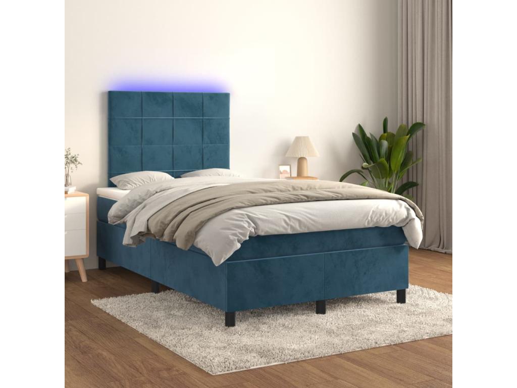 Sommier tapissier matelas et LED Bleu foncé 120x200 cm Velours KFVO11895
