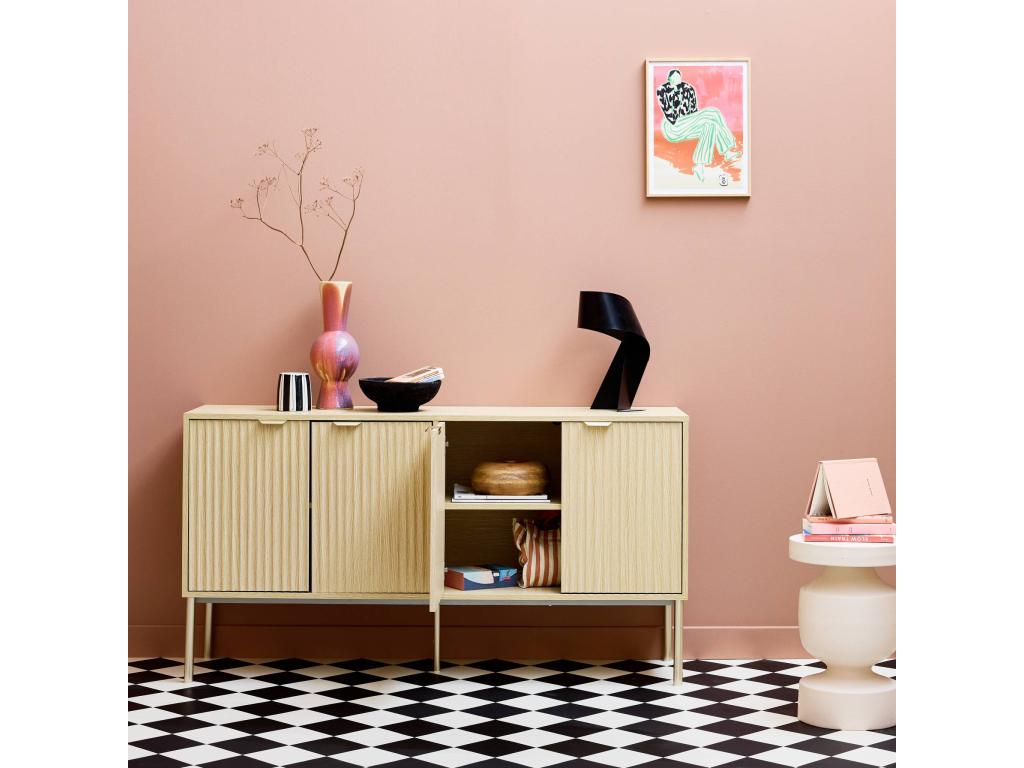 Buffet effet bois rainuré et métal champagne- buffet bas- 4 portes- 140cm VOAK81394