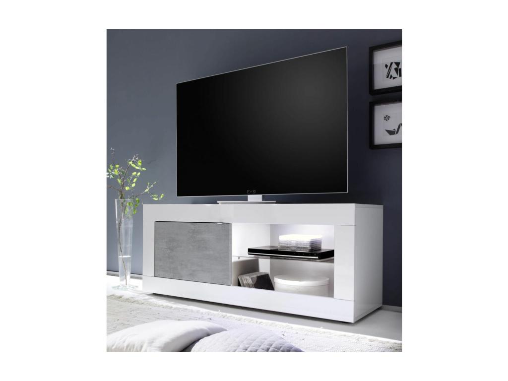 Lumenao - Meuble TV 1 Portes 2 Niches Finition Blanc Laqué et Aspect Béton avec Leds GFDE84687