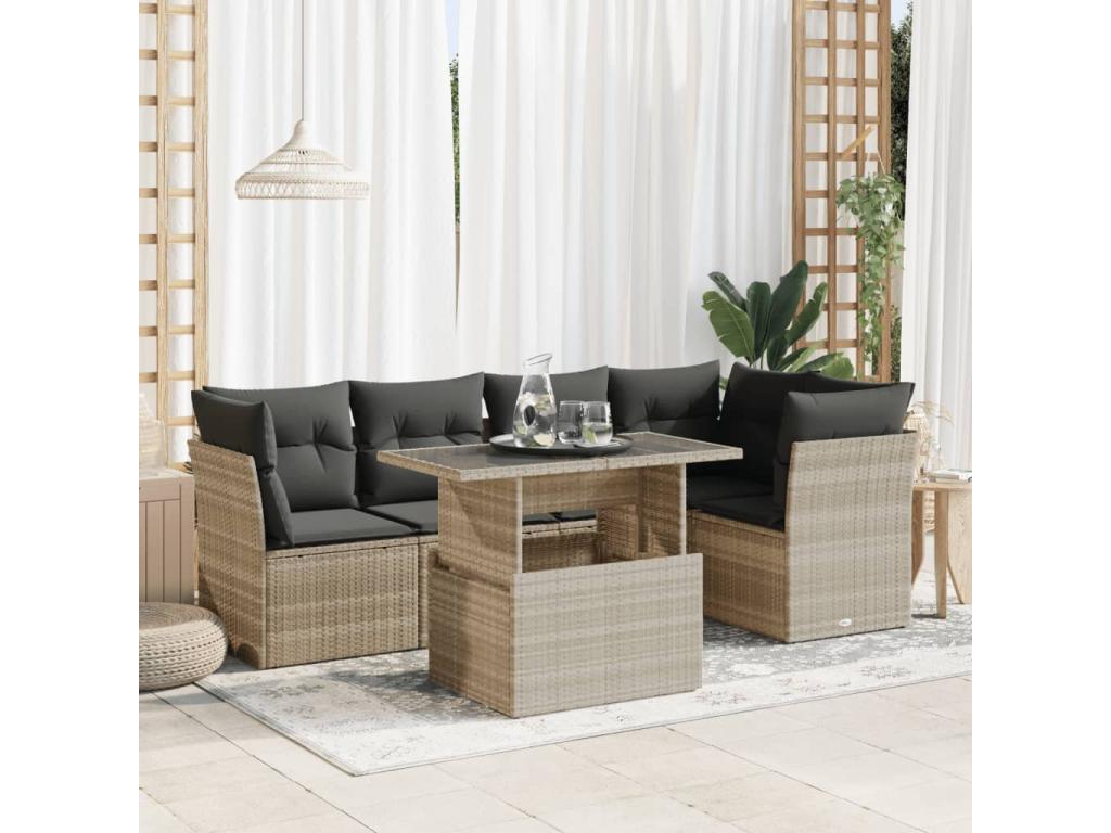 Salon de jardin 6 pièces avec coussins gris clair résine tressée GVPV26819