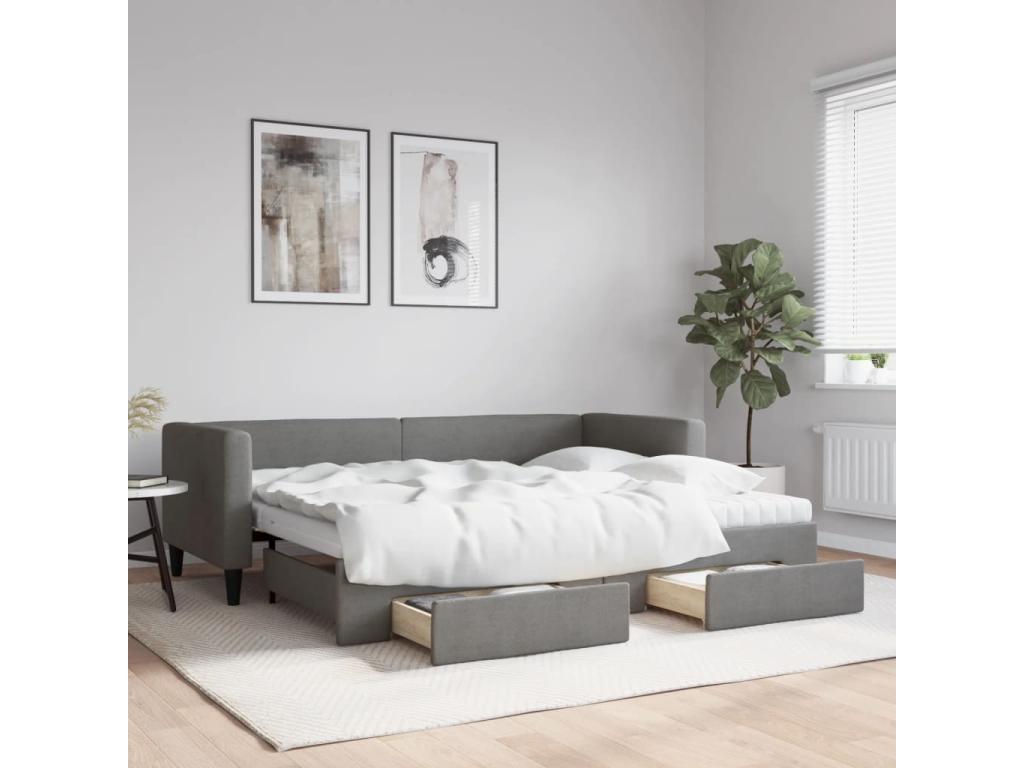 Daybed with pull-out bed and drawers, dark grey, 80x200 cm, fabric, YUKA42416