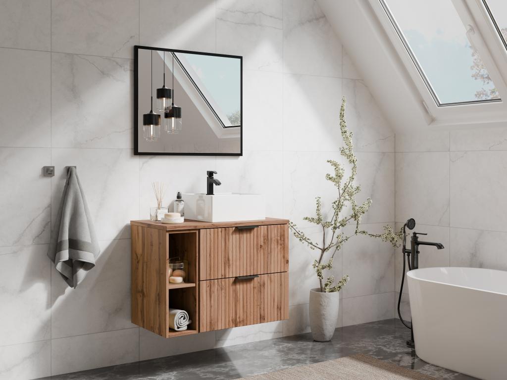 Meuble de salle de bain suspendu strié avec niches et vasque à poser carrée - Naturel clair - L80 cm - Ventoriq UPQO15326