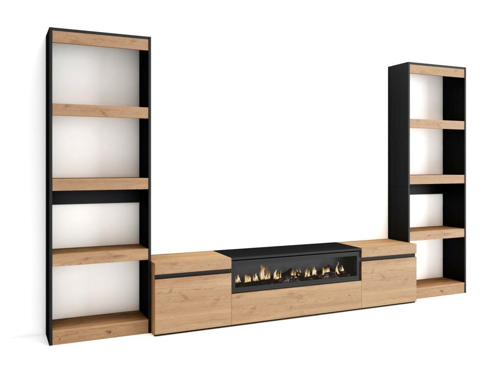 Ensemble Meuble TV 320x186x35cm Pour les TV jusqu'à 80 Cheminée électrique Chêne et noir TEJE73771