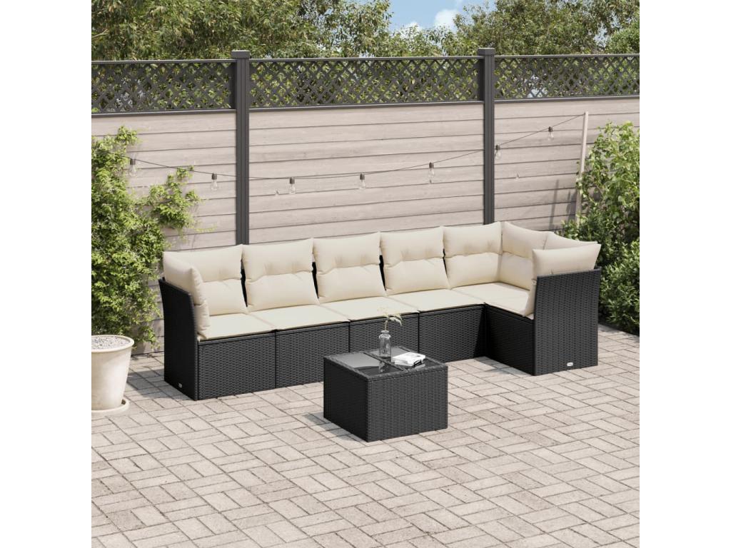 Salon de jardin 7 pcs avec coussins noir résine tressée CSMA10003