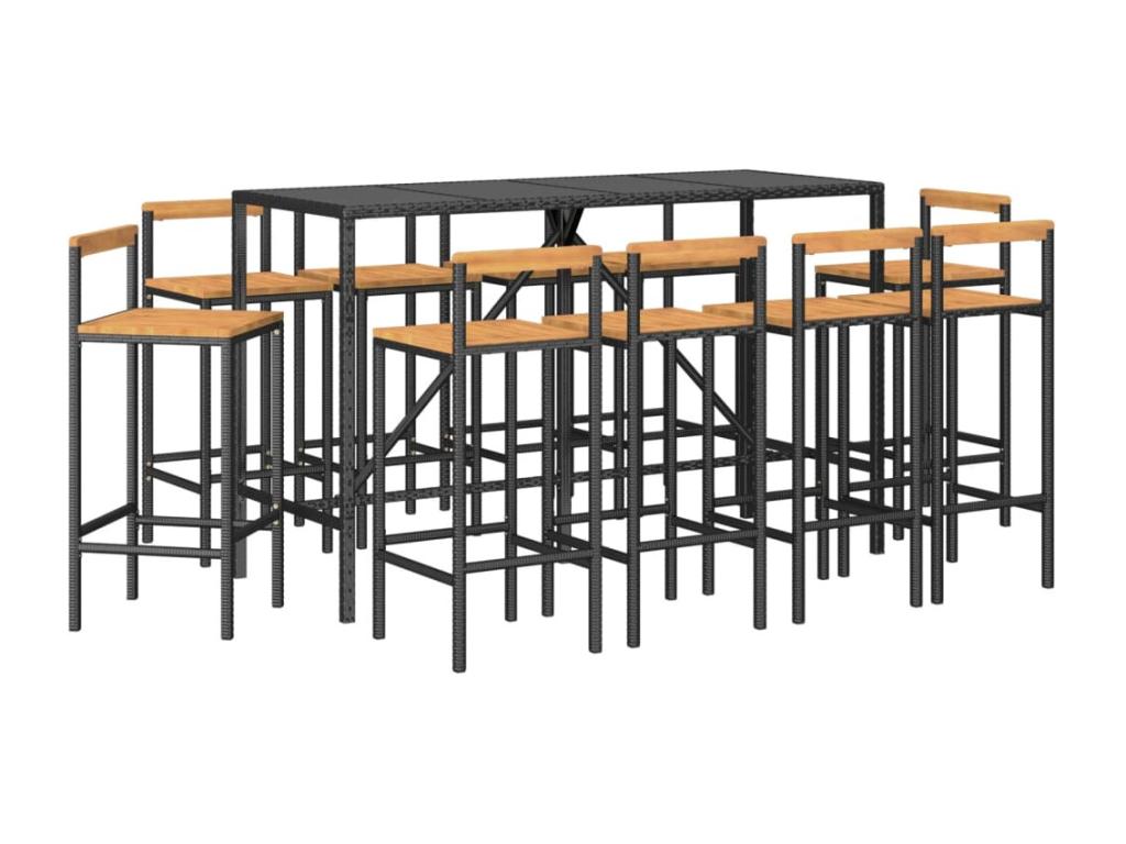 Lumenao SQWZ27064 11-Piece Black Poly Rattan/Solid Wood Garden Bar Set