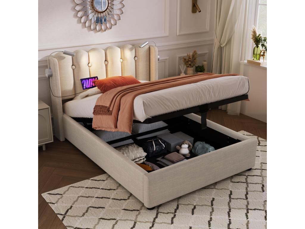 Lit coffre 90x200 cm - lampe de lecture et USB - tissu lin - coloris naturel matelas XUCI96364