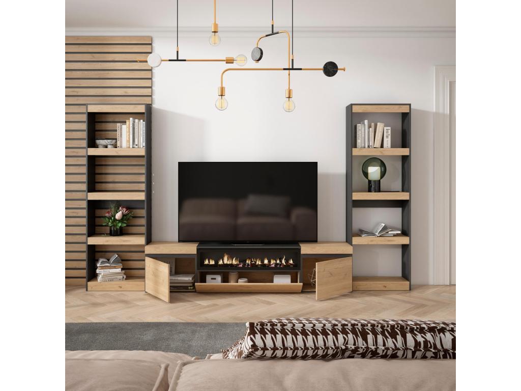 Ensemble Meuble TV 320x186x35cm Pour les TV jusqu'à 80 Cheminée électrique Chêne et noir TEJE73771