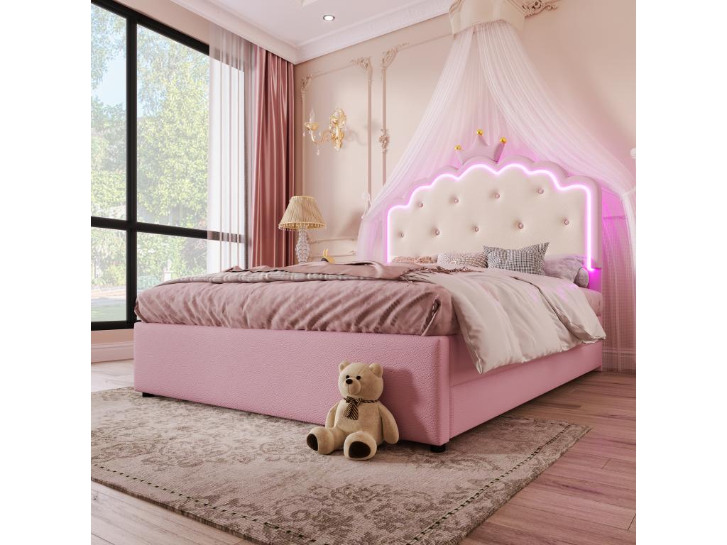 Lit gigogne 140x200 cm avec tête de lit en couronne - Cuir PU - LEDs - Sommier à Ventoriq - Rose Sans matelas THQC75422