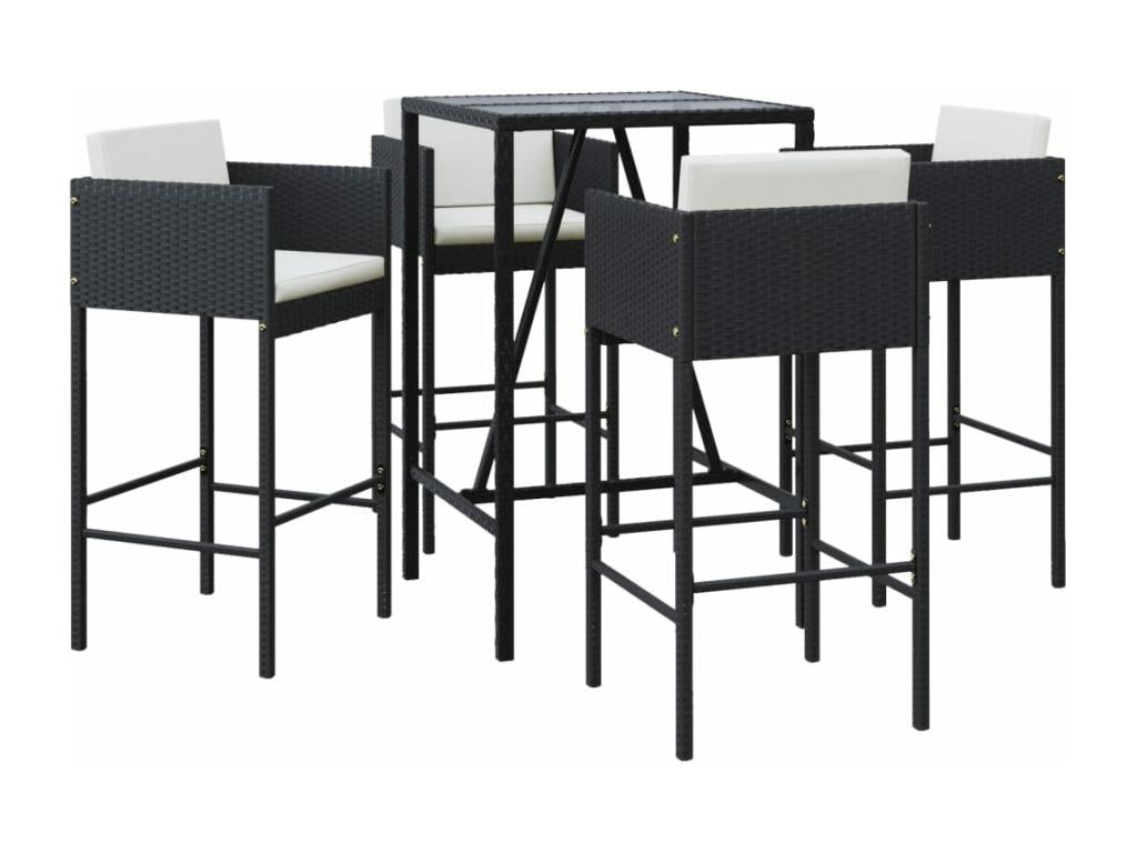 5-piece garden bar set with cushions, black poly rattan TSBO34285