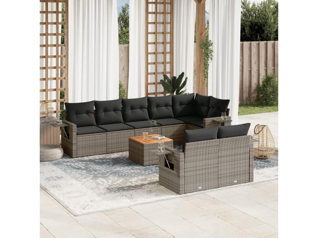 Salon de jardin 9 pcs avec coussins gris résine tressée QHSP69579
