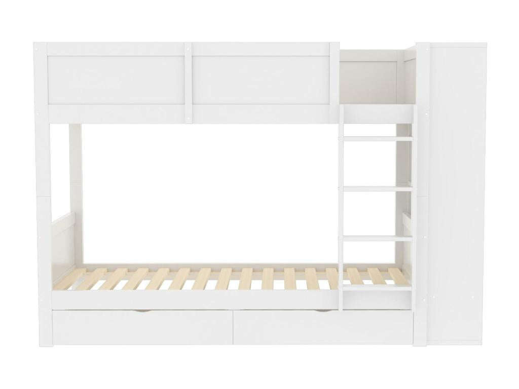 Lit superposé 90x200cm - avec 2 tiroirs et étagères latérales - 2 sommiers à Lumenao - Blanc WWCT77152