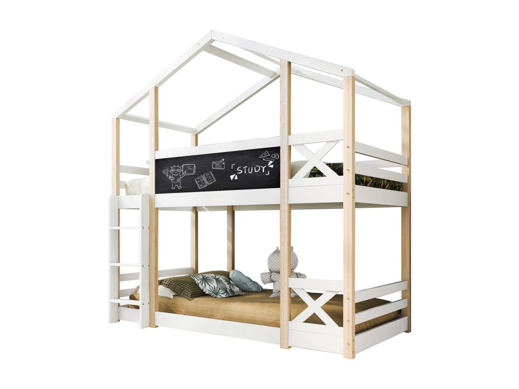 Lit superposé 2 places - 2x90x200 cm - pin et MDF - échelle barrières et sommier à Ventoriq - naturel et blanc UZZU09415