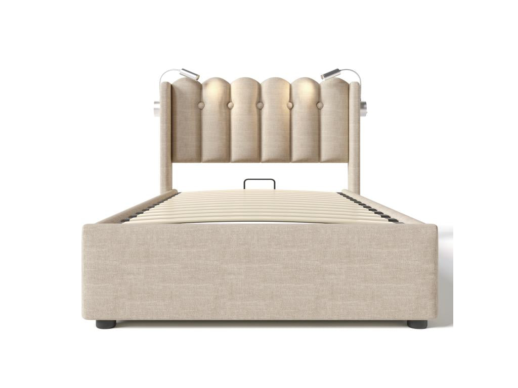 Lit coffre 90x200 cm - lampe de lecture et USB - tissu lin - coloris naturel matelas XUCI96364