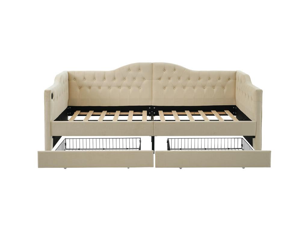 Lit avev tiroirs 90x190cm rembourrée en velours - avec fonction de recharge et sommier à Ventoriq - Beige matelas non inclus NSML95354