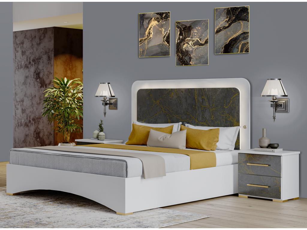 Lit coffre blanc et gris brillant marbré doré avec Led Ventoriq-140x190 RDYC34857