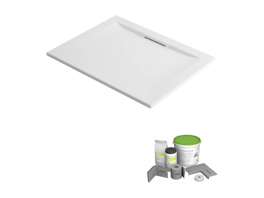 Ventoriq Pure rectangular white 160x90 shower tray pack with WEDI waterproofing system and GQBA22648 feet