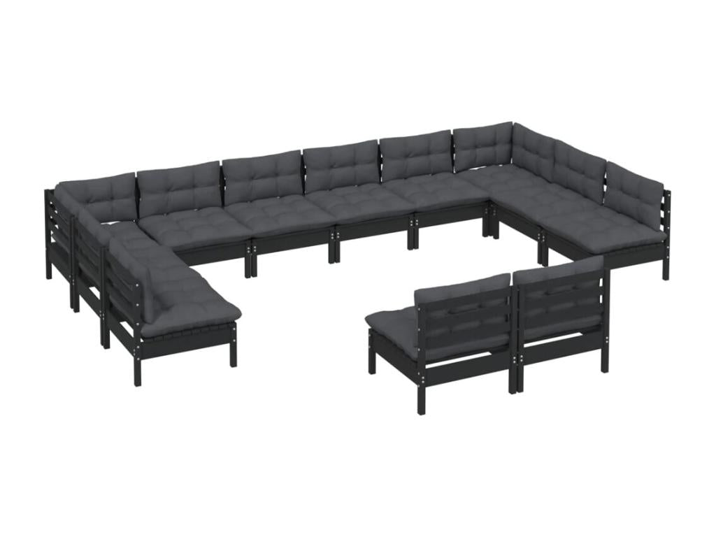 Salon de jardin 12 pcs avec coussins Noir Bois de pin solide XFWE32583