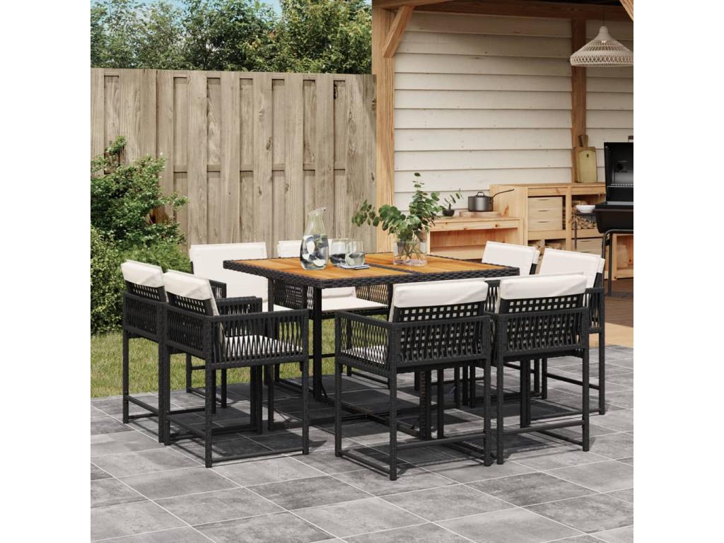 9-piece garden dining set with cushions, black resin wicker HZRG37727