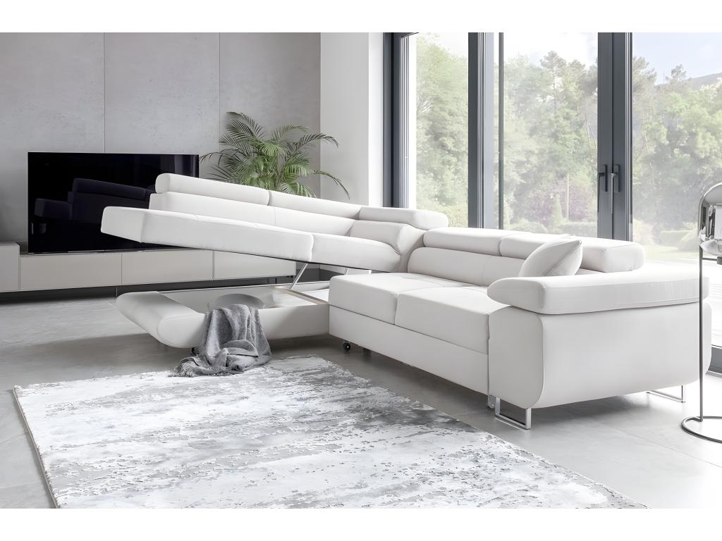 Canapé d'angle convertible en tissu luxe 5 places avec coffre blanc angle gauche vu de face Lumenao UGIB38729