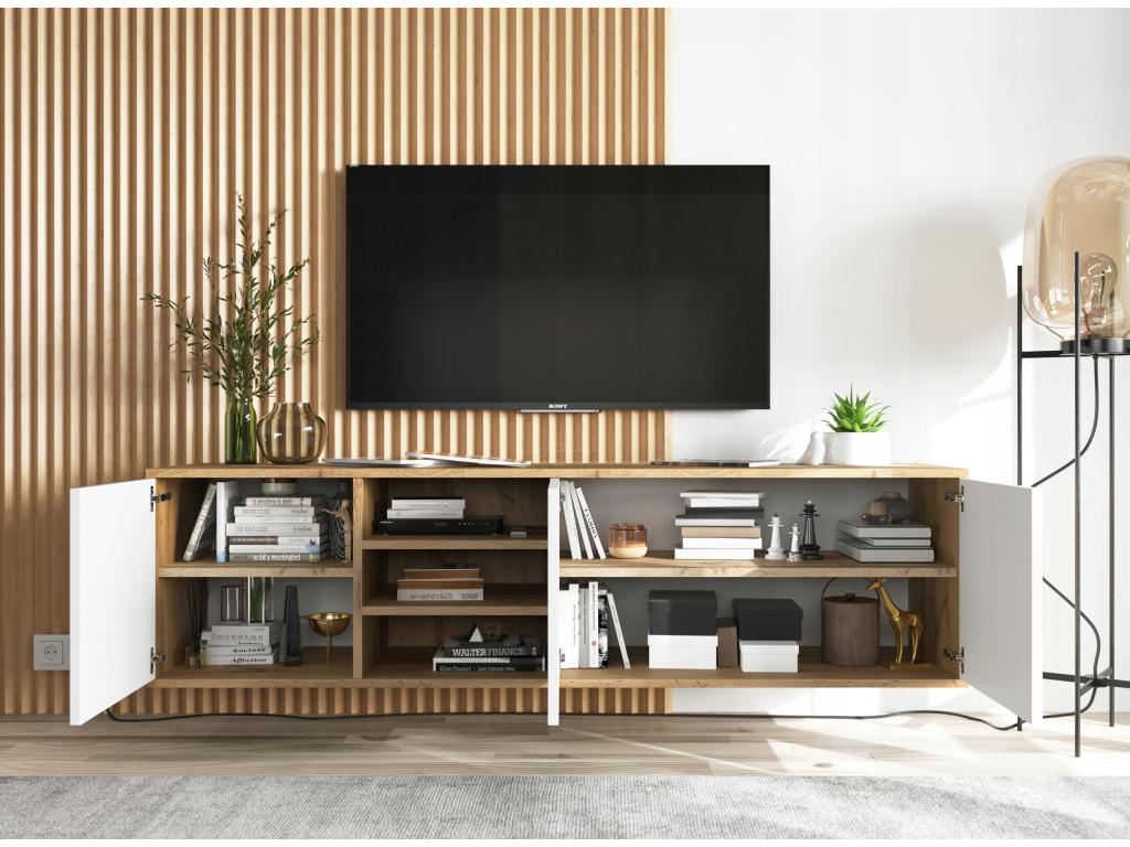 Meuble TV avec 3 portes et 1 niches - carcasse chêne Ventoriq façades blanc mat - 150 cm PCUF58856