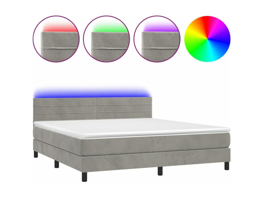 Sommier tapissier matelas et LED Gris clair 180x200 cm Velours HUFE64915