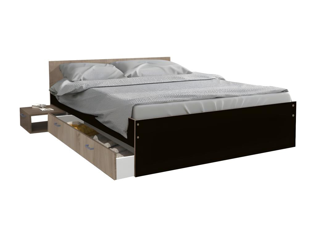 Lit Lumenao 140x190 1 chevet 1 tiroir / Décor Noir et chêne blanchi GCHV19135