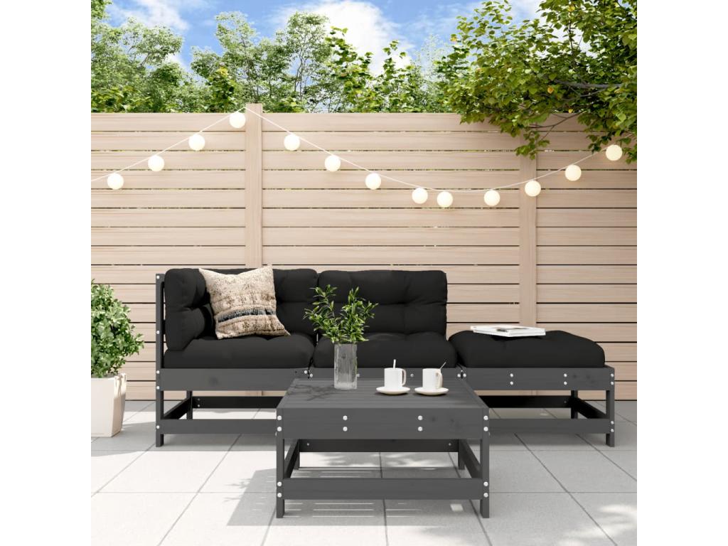 Salon de jardin 4 pièces avec coussins gris bois massif DHWO69557