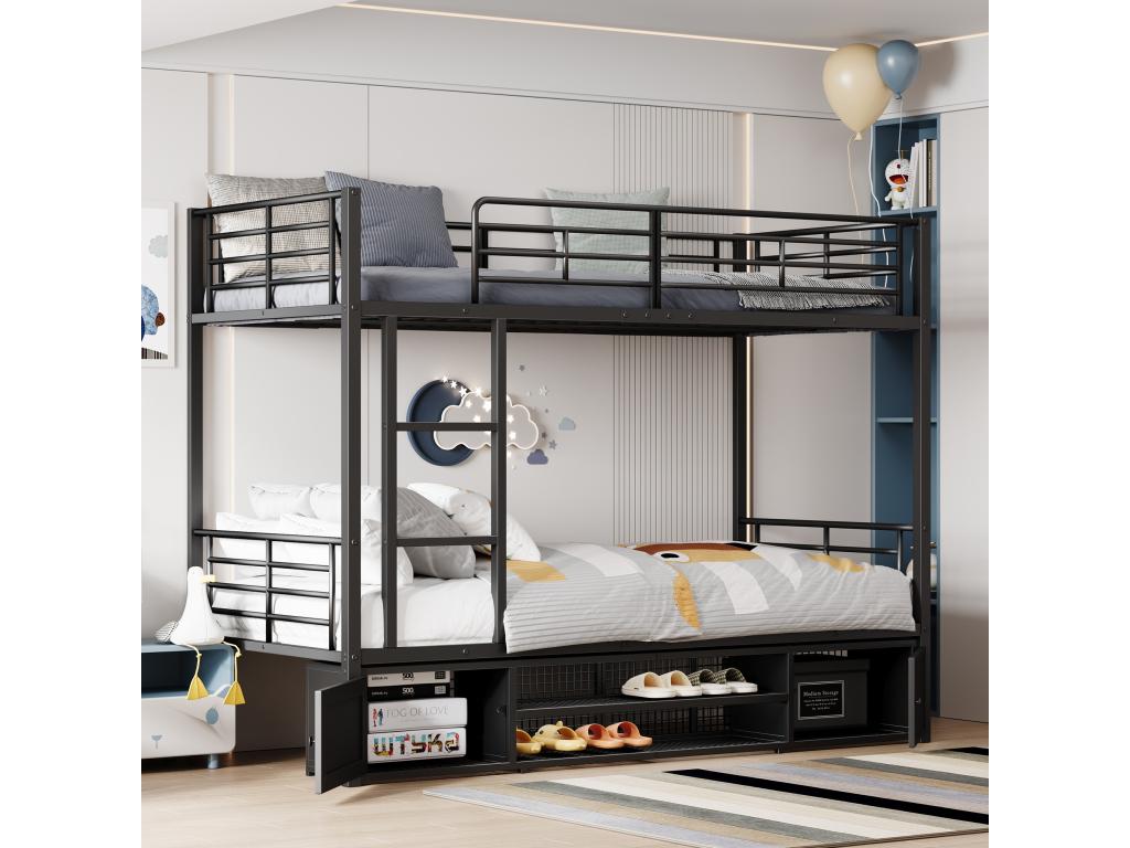 Lit superposé pour enfants 90x200 cm avec armoire à chaussures ouverte petite armoire de rangement à double porte avec échelle latérale noir LVRI47072