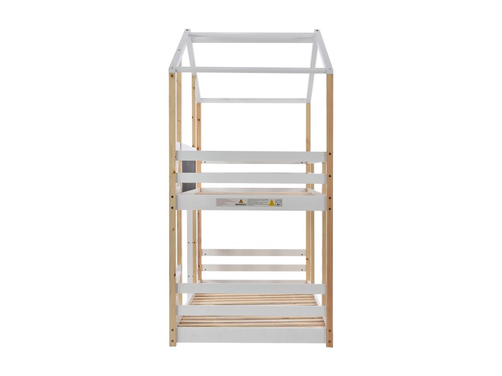 Lit superposé 2 places - 2x90x200 cm - pin et MDF - échelle barrières et sommier à Ventoriq - naturel et blanc UZZU09415
