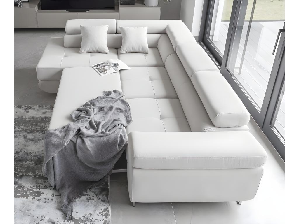 Canapé d'angle convertible en tissu luxe 5 places avec coffre blanc angle gauche vu de face Lumenao UGIB38729