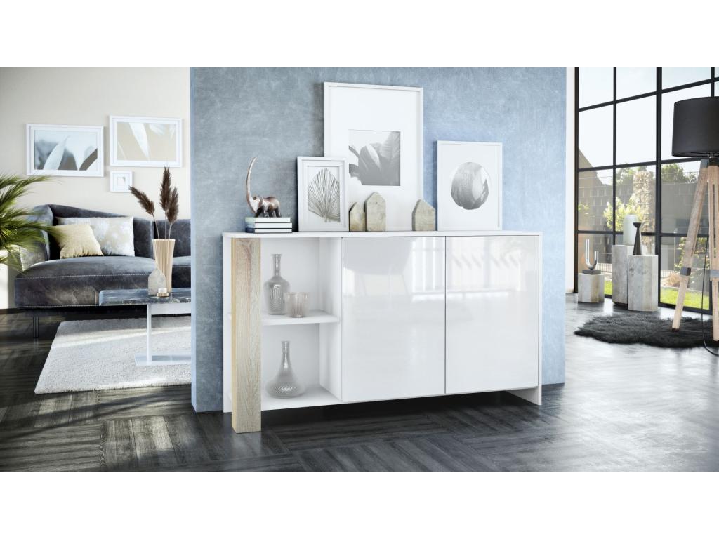 White Matte Body Furniture with Glossy White Fronts and Raw Oak Effect Panels 143x81x36 cm LHJQ84054