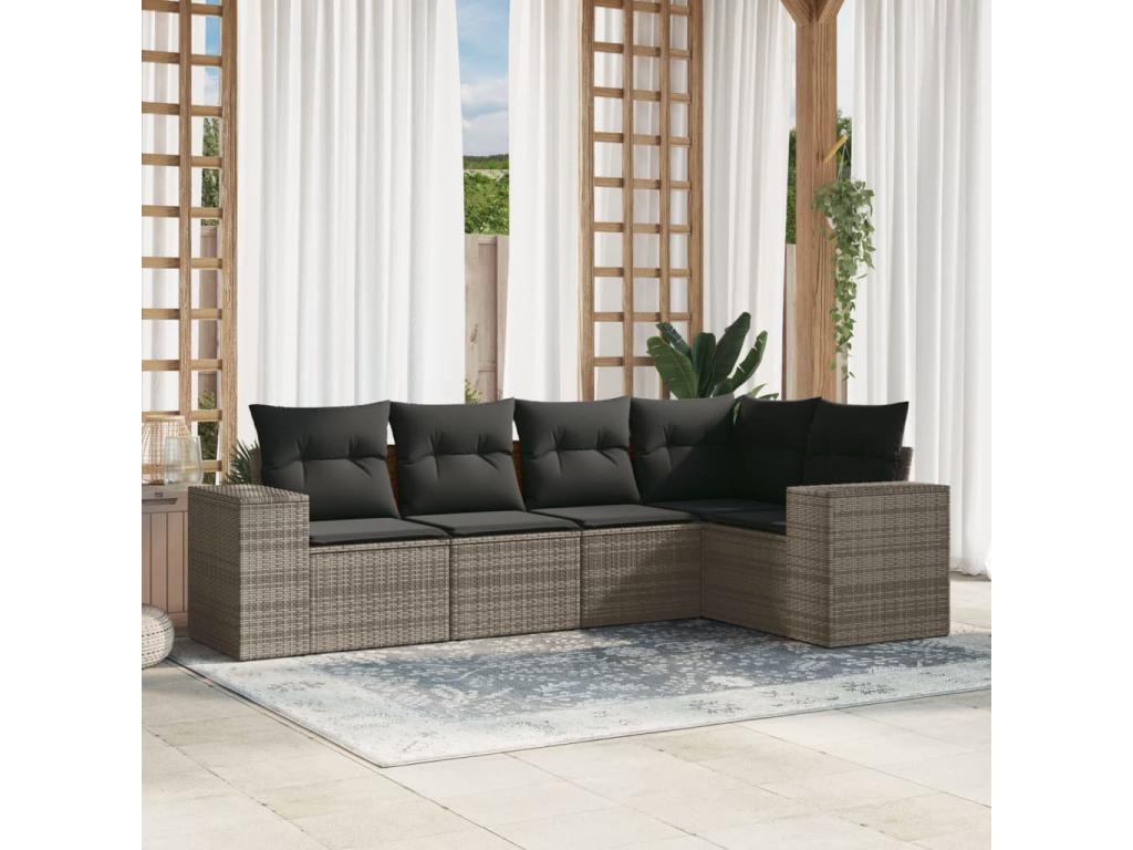 Salon de jardin 5 pcs avec coussins gris résine tressée ISFO60132